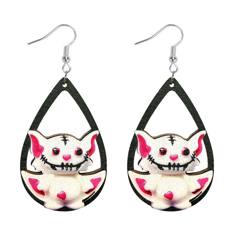 Wholesale Halloween Water Drop Ghost Skull Print Pendant Wooden Earrings